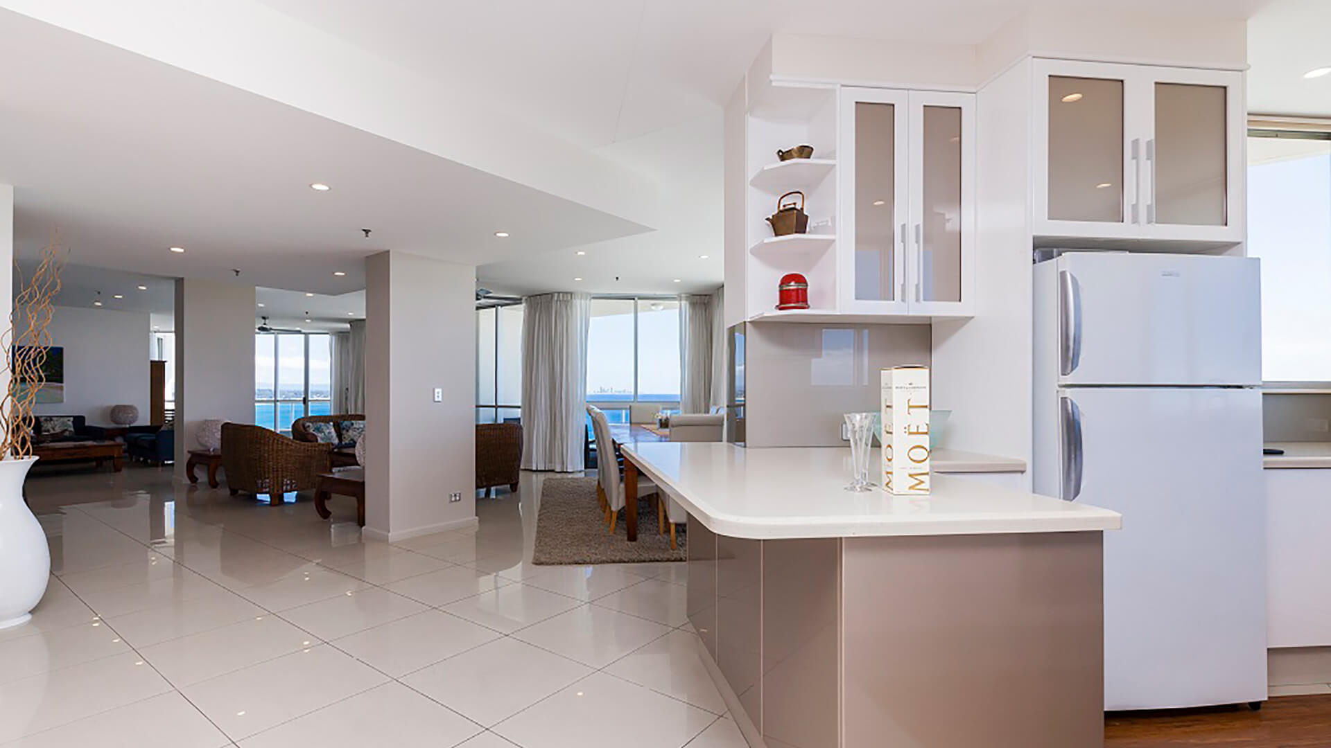ULTIQA Points North. 4 Bedroom Oceanfront Penthouse. Kitchen and Living Areas.