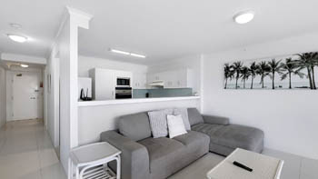 Relaxed open-plan living and kitchen space in the Standard 2 Bedroom Centre Front Apartment.