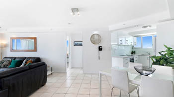 Dining, kitchen and living area in the Superior 1 Bedroom Ocean View Apartment at ULTIQA Points North.