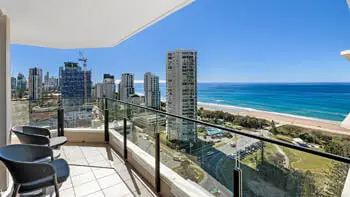 Balcony of the 2 Bedroom Ocean View Apartment at ULTIQA Beach Haven on Broadbeach with sweeping views of the Gold Coast skyline and ocean.