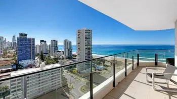 2 Bedroom Ocean View Apartment with Private balcony and panoramic views of the coastline and city skyline.