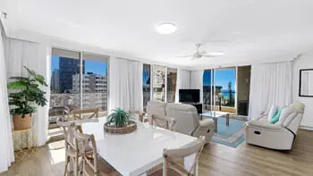 Standard 2 Bedroom Ocean View Apartment with bright open-plan living, dining space, coastal views and natural light at ULTIQA Beach Haven on Broadbeach.