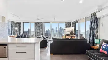 Living room with a view of Gold coast at ULTIQA Beach Haven on Broadbeach.