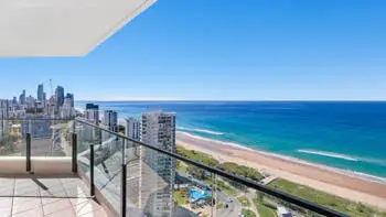 Private balcony in the Sub Penthouse at ULTIQA Beach Haven on Broadbeach, offering sweeping ocean and city views.