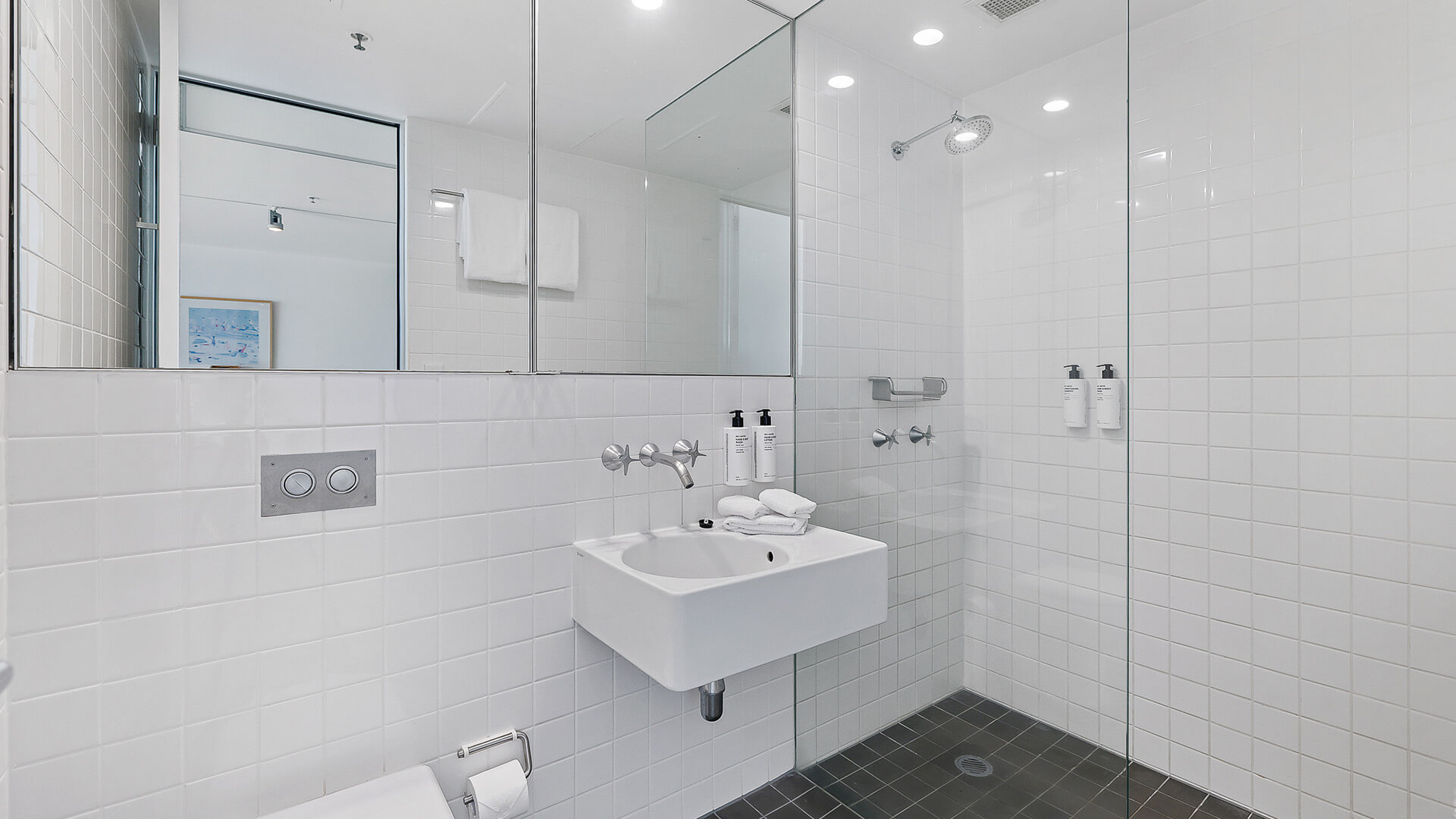Bathroom with walk-in shower in 1 Bedroom Ocean View Apartment at ULTIQA Air on Broadbeach.