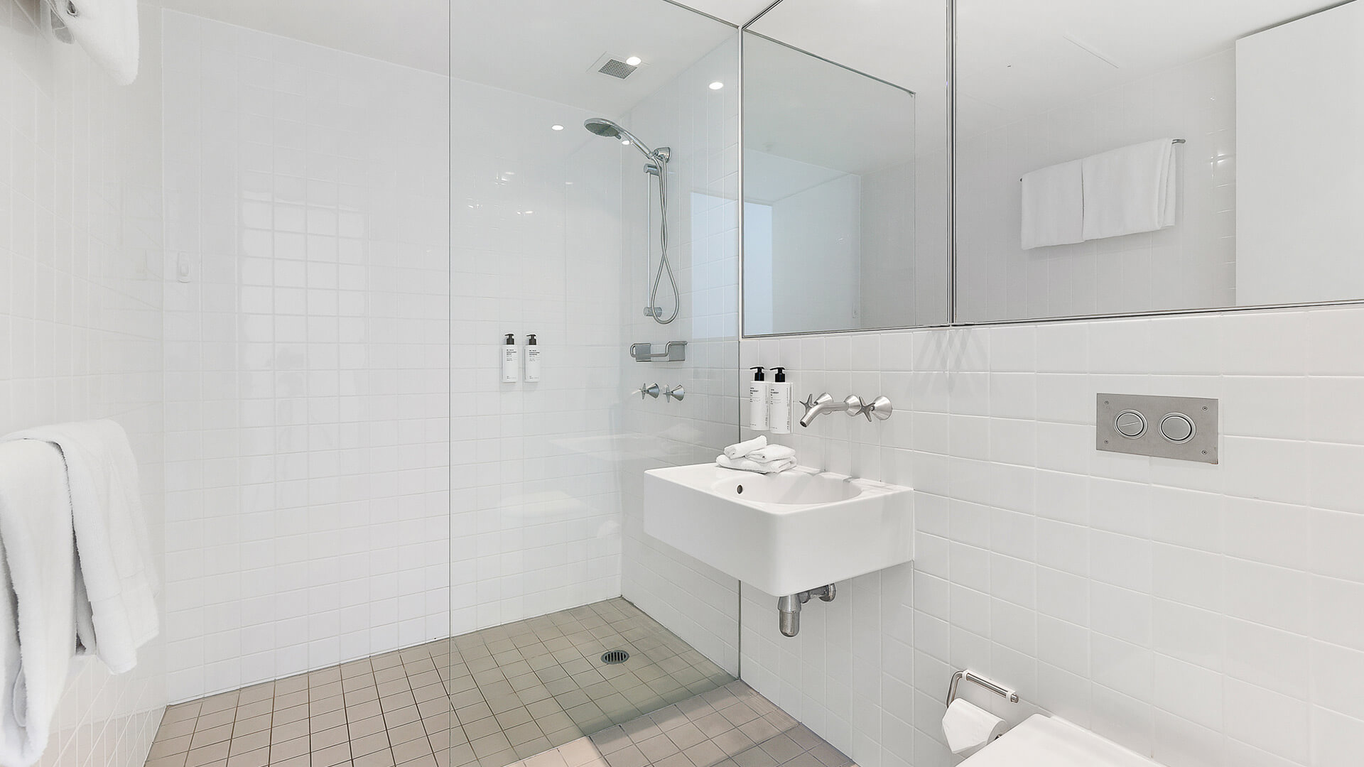 Bathroom with walk-in shower in 2 Bedroom Gold Coast View Suite at ULTIQA Air on Broadbeach.