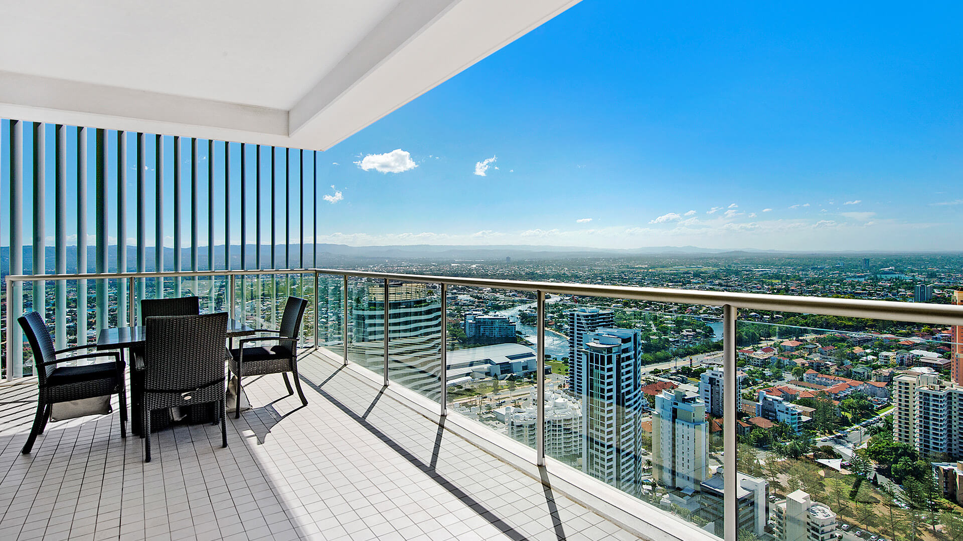 Aerial view of Gold Coast skyline and ocean from the 2 Bedroom Gold Coast View Suite at ULTIQA Air on Broadbeach.