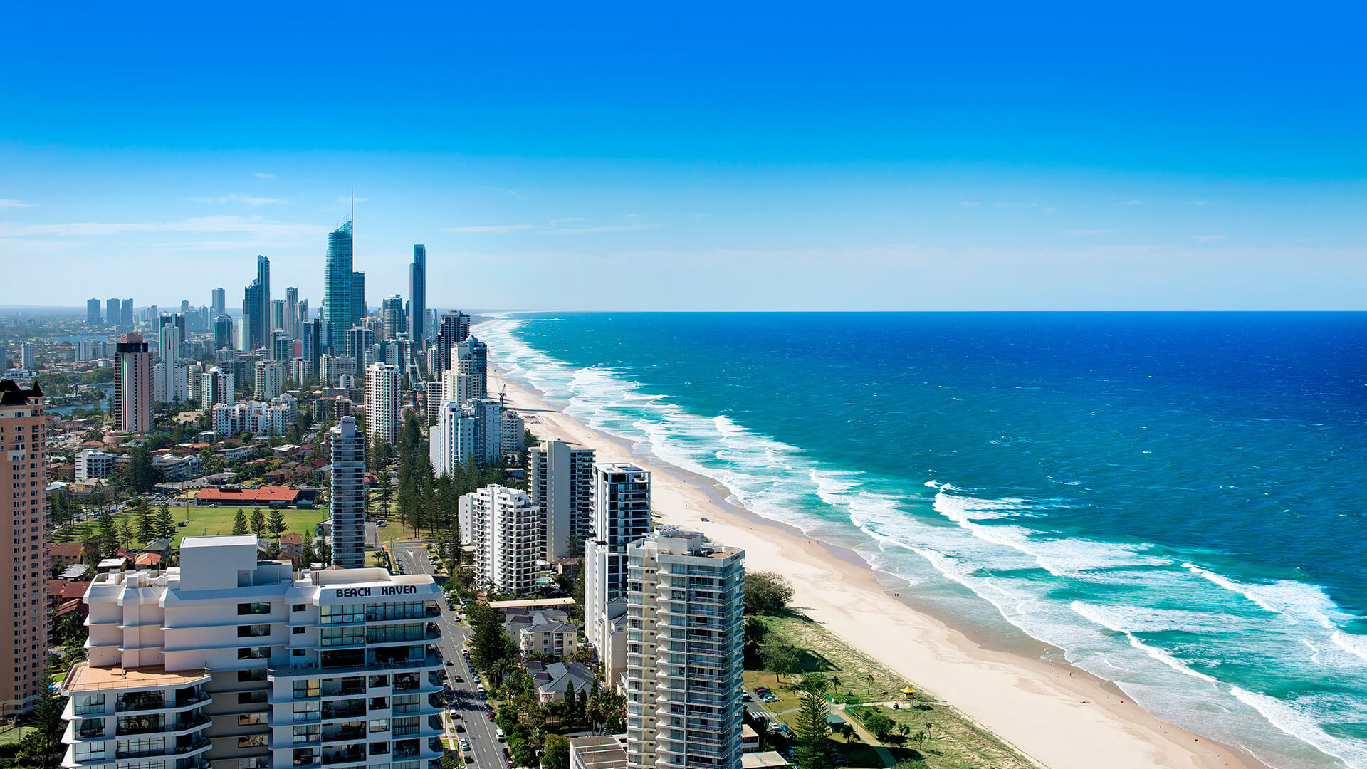 Aerial view of Gold Coast skyline and ocean from the 2 Bedroom Gold Coast View Suite at ULTIQA Air on Broadbeach.