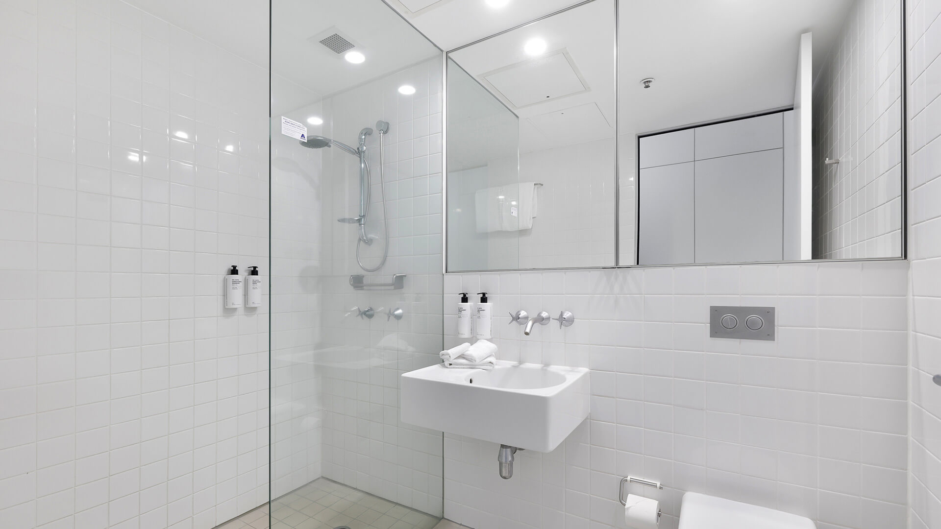 Bathroom with walk-in shower in the 2 Bedroom Ocean View Apartment at ULTIQA Air on Broadbeach.