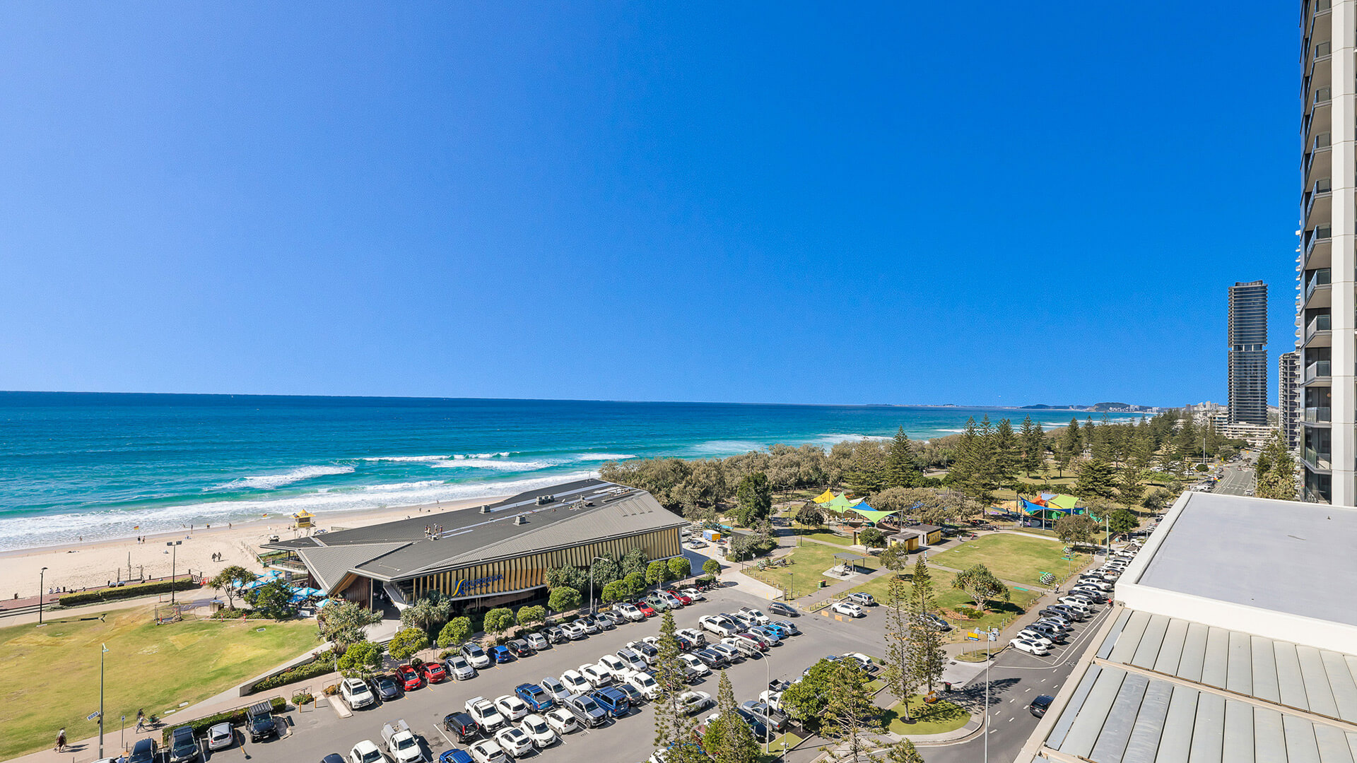 Ocean and park views from balcony of the 2 Bedroom Ocean View Suite at ULTIQA Air on Broadbeach.