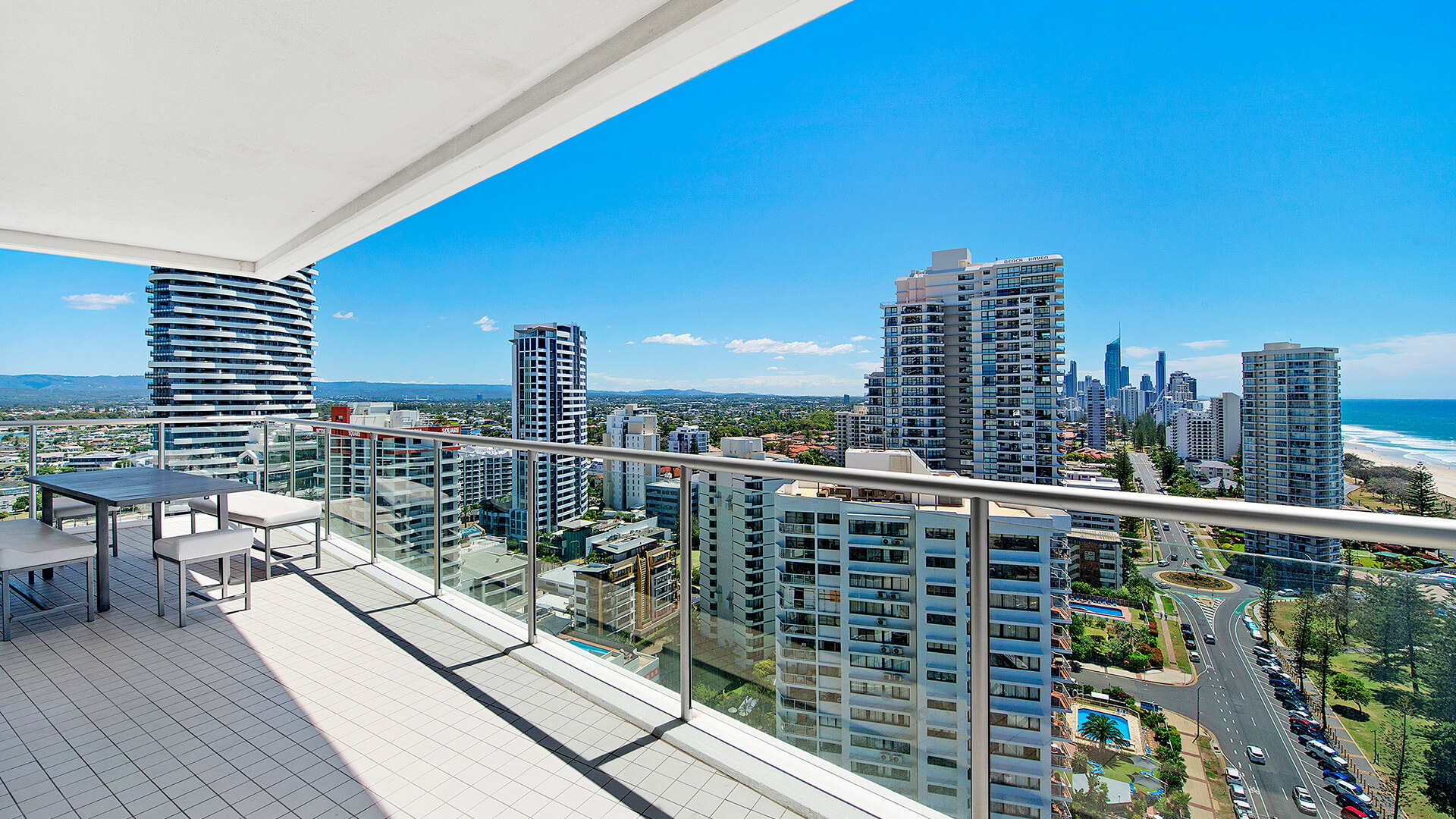 Expansive balcony with city and hinterland views at ULTIQA Air on Broadbeach 3 Bedroom Apartment.