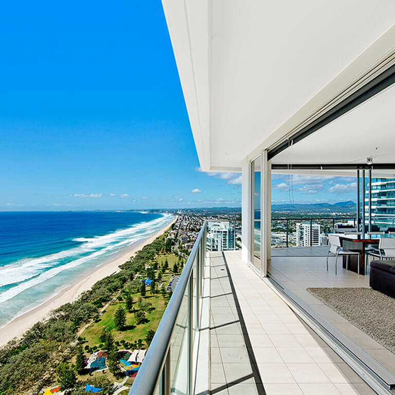 Spacious balcony with panoramic ocean views from the 4 Bedroom Ocean View Apartment at ULTIQA Air on Broadbeach.