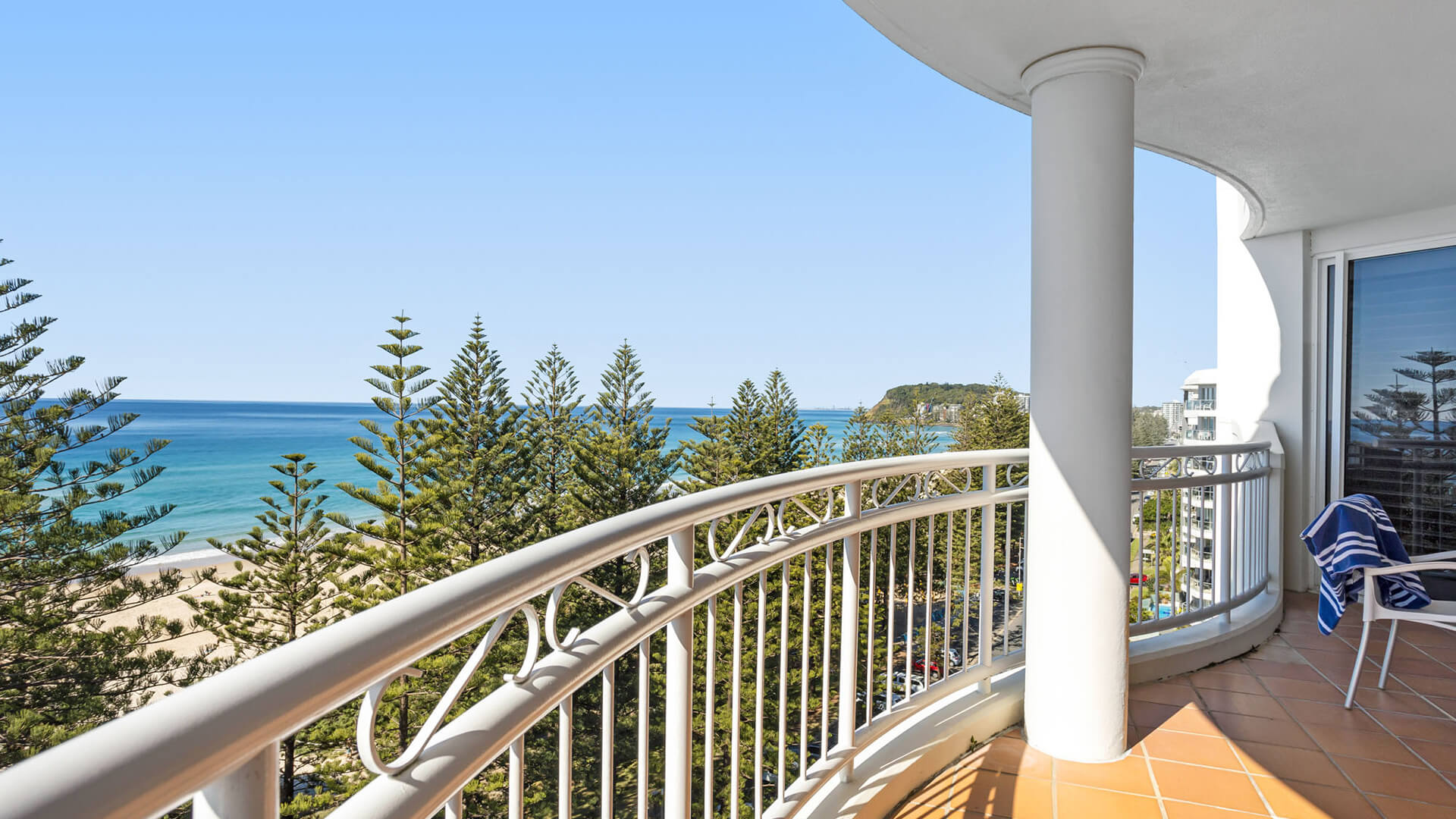 Balcony with sweeping ocean views in 2 Bedroom Apartment at ULTIQA Burleigh Mediterranean Resort.