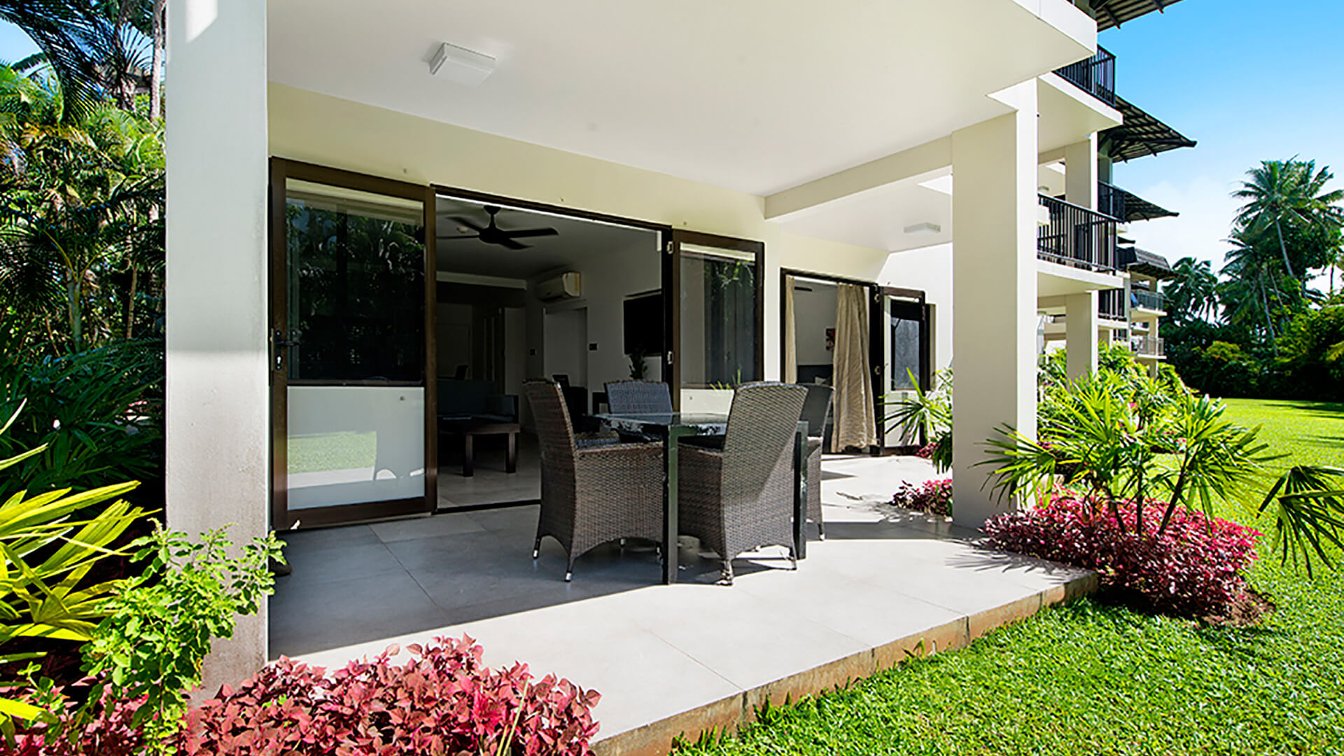 Private outdoor patio with garden views from 2 Bedroom Apartment at ULTIQA Fiji.