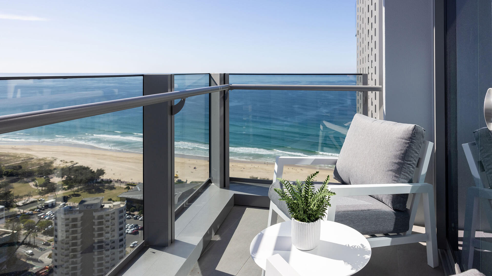 Balcony in 3 Bedroom Ocean Sub-Penthouse at ULTIQA Signature at Broadbeach with beach views.