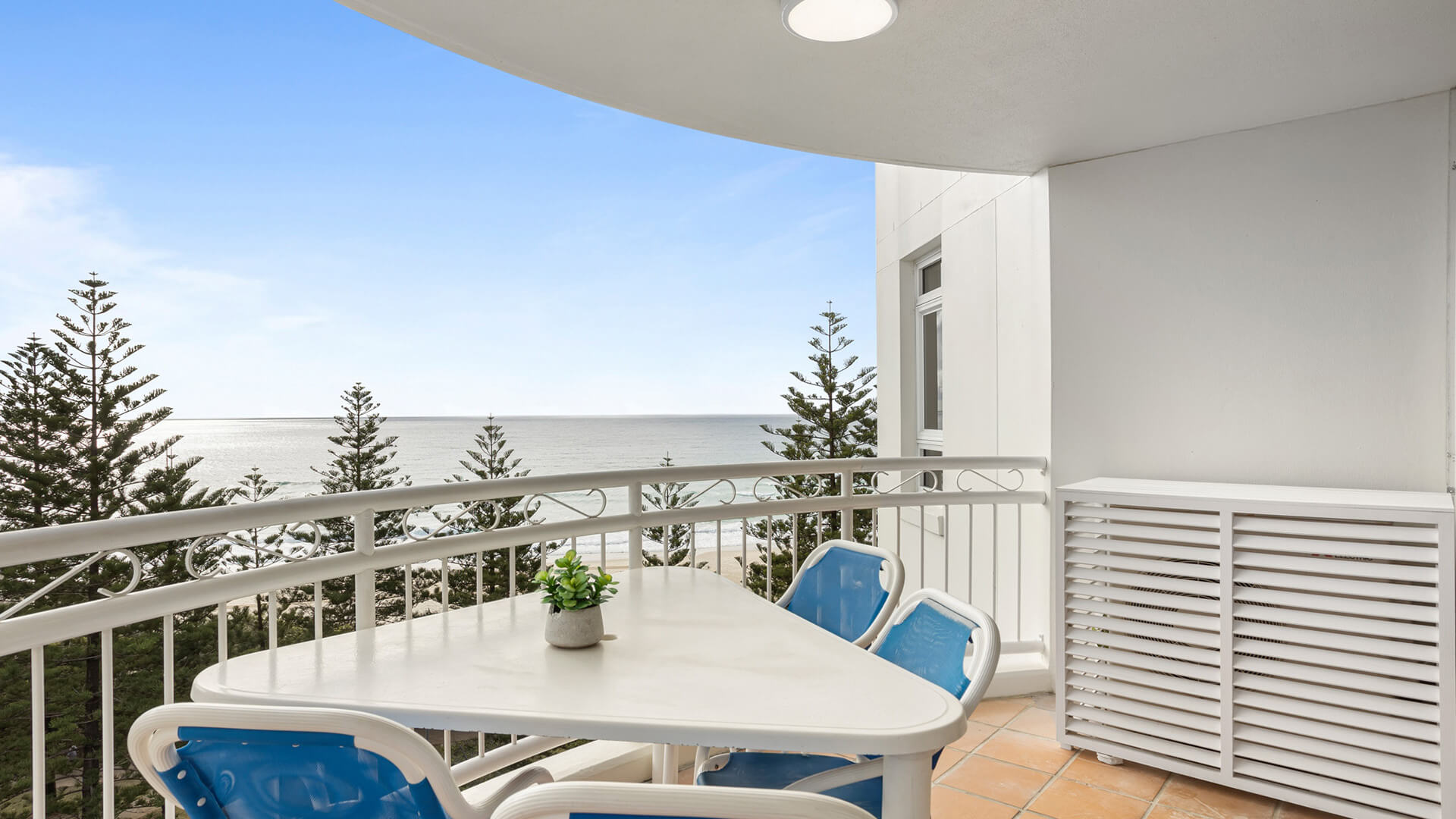 Private balcony with ocean views in the 3 Bedroom Superior Ocean View Apartment at ULTIQA Burleigh Mediterranean Resort.